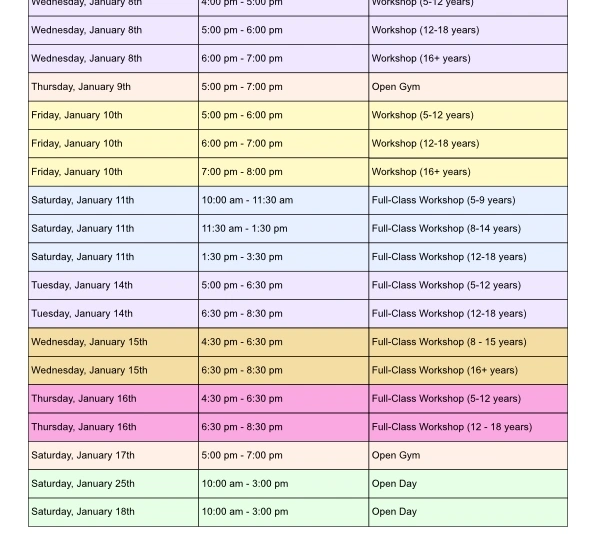 Exciting Holiday Program and Open Gym Sessions This January at Sunbury Stunt and Tumble Academy! 1 January 2025 Timetable Color Coded Final