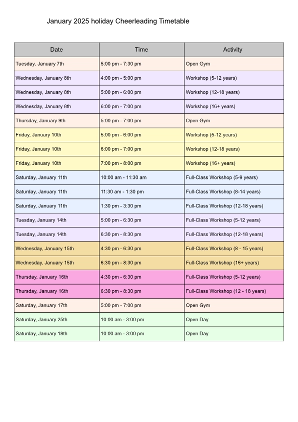 January 2025 Timetable Color Coded Final